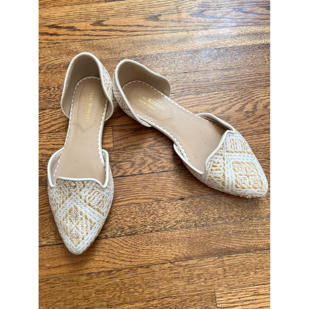 Isaac Mizrahi New York Woven D'Orsay Flats Cream Tan Geometric Pointed Toe 6